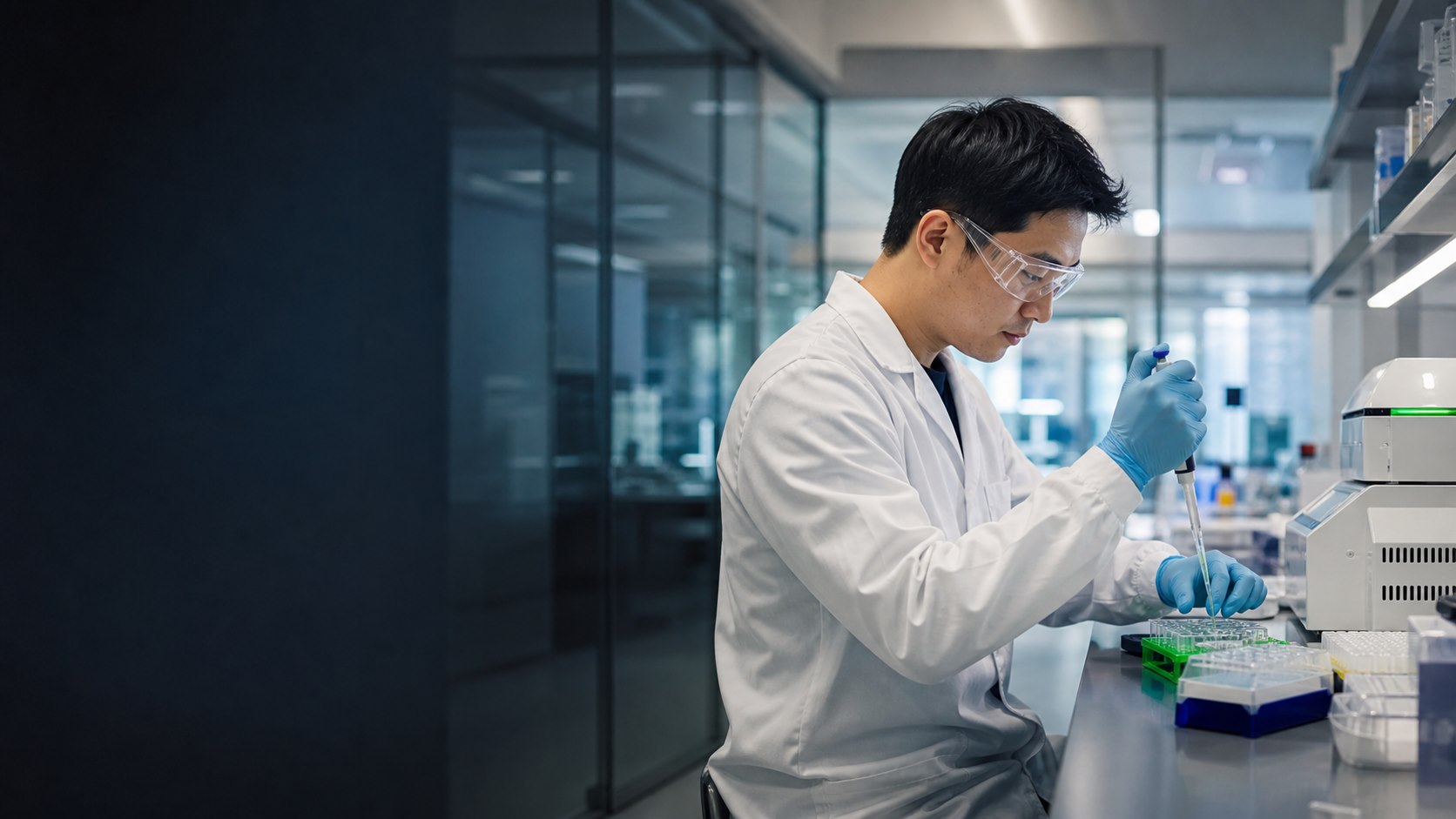Scientist conducting biomolecule research in a modern laboratory