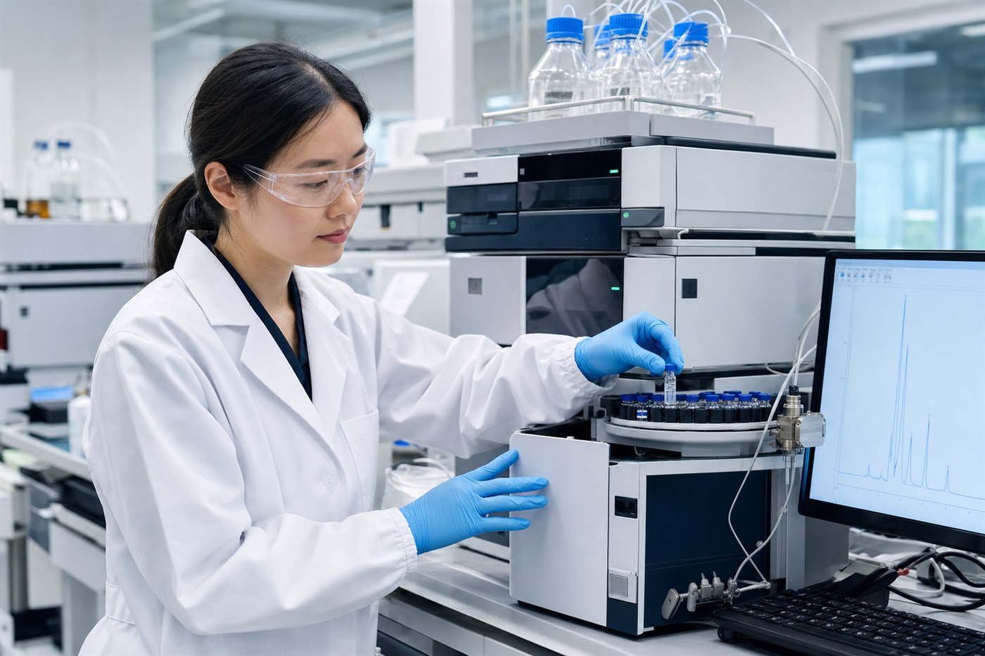 Analytical scientist operating chromatography equipment